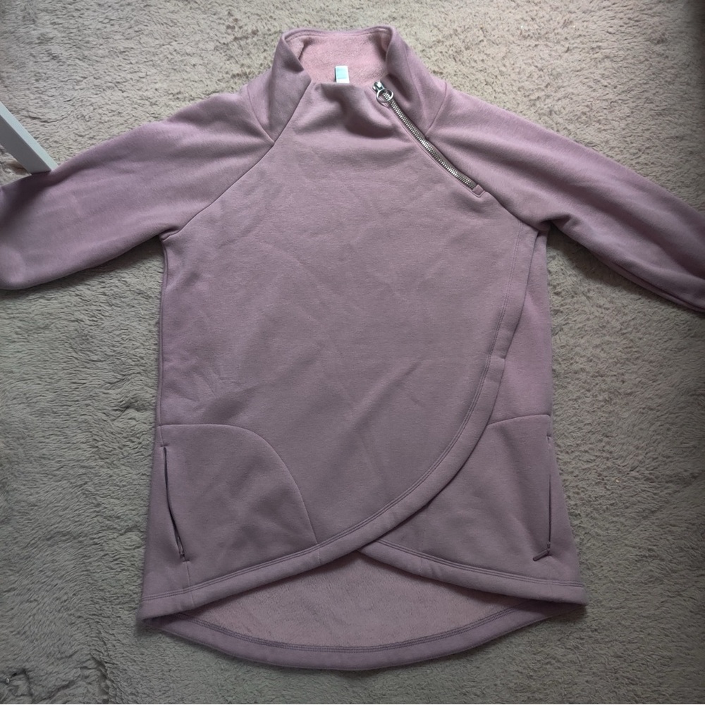 Athleta Cozy Karma Asymmetrical Pullover Sweatshirt Lavender Mauve Pockets Sz XS